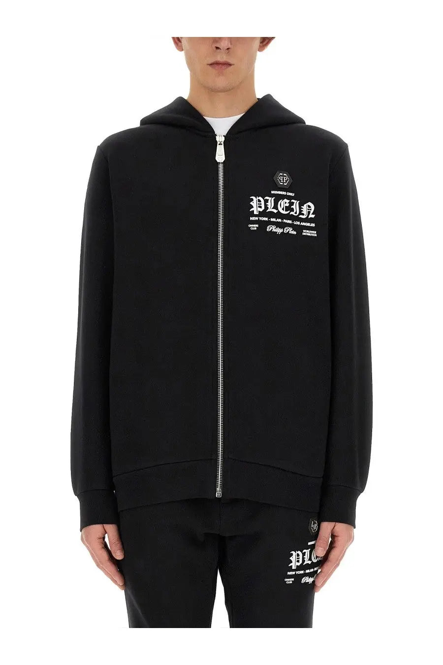 Philipp plein men’s black zip-up hoodie with white graphic print and silver zipper made from soft sweatshirt material