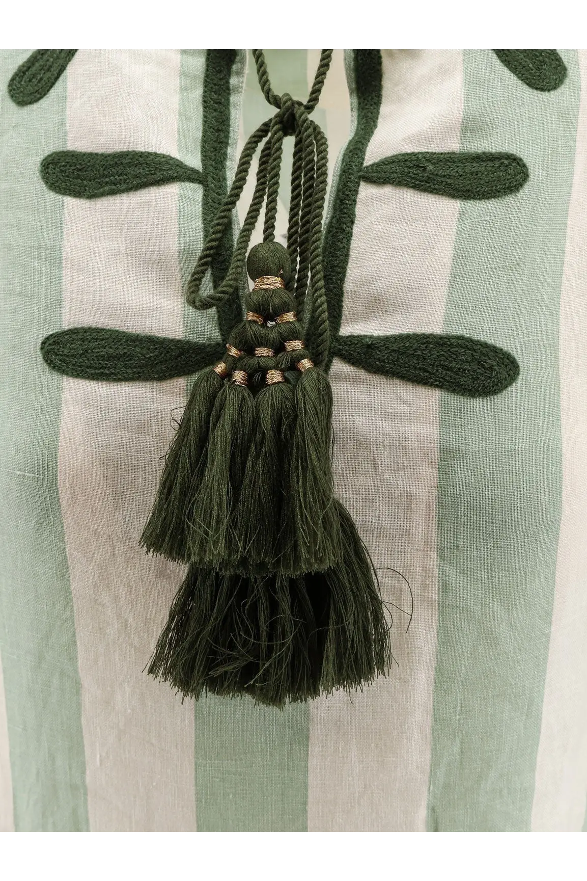 Philippa 1970 women’s edna linen long dress green with dark green multi-tiered tassel braided cord and metallic accents