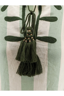 Philippa 1970 women’s edna linen long dress green with dark green multi-tiered tassel braided cord and metallic accents