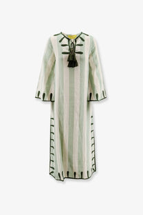 Philippa 1970 women’s edna linen long dress green with light green and white stripes and black embroidered detailing