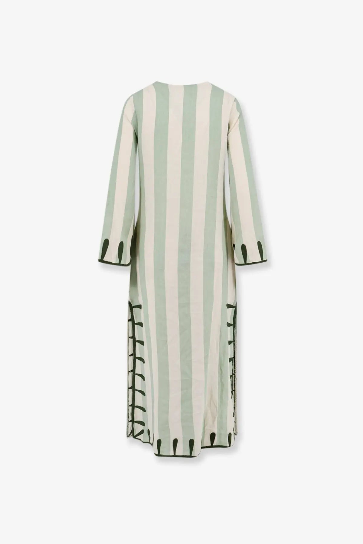 Philippa 1970 women’s edna linen long dress in green with pale green off-white stripes and black lace-up sides and cuffs