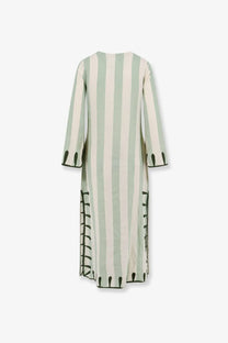 Philippa 1970 women’s edna linen long dress in green with pale green off-white stripes and black lace-up sides and cuffs