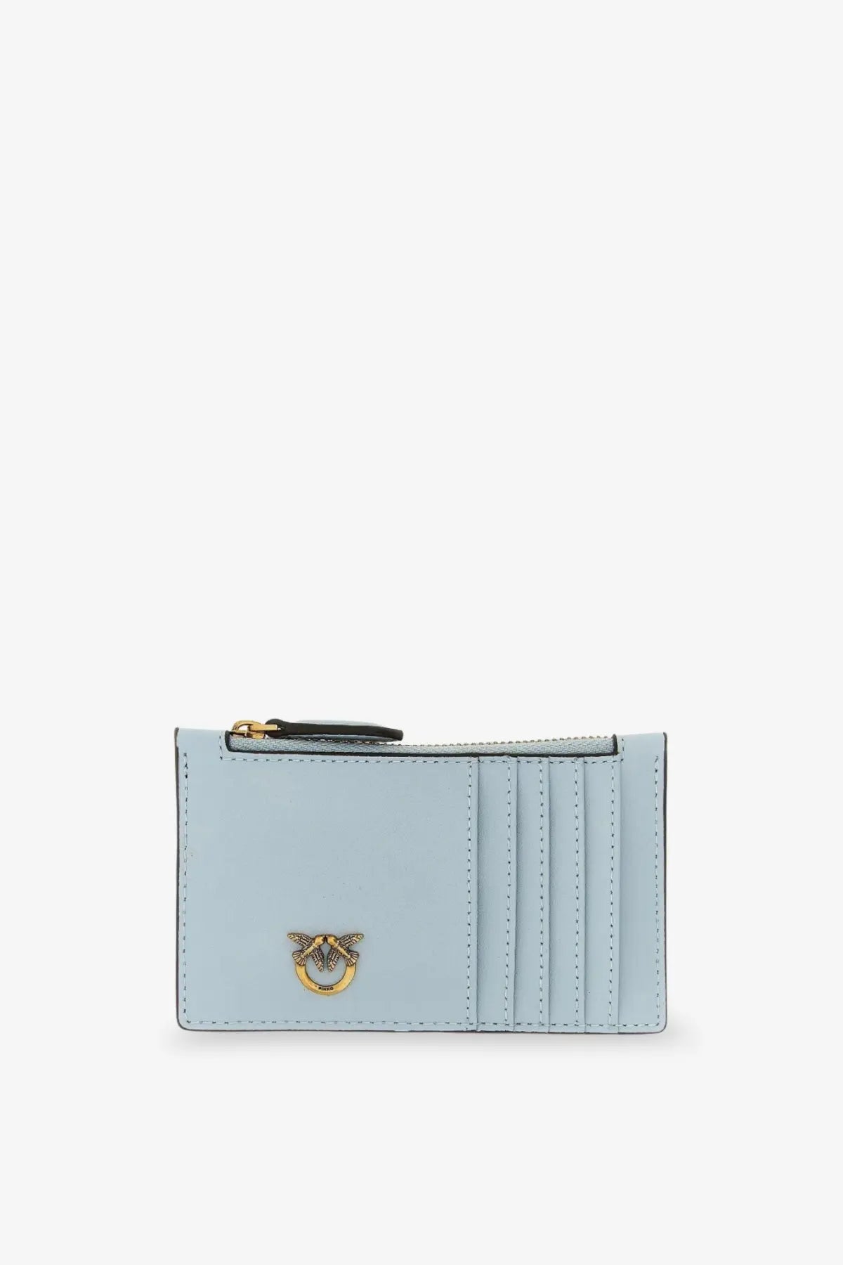 Pinko women’s airone light blue leather card holder with gold-tone bird logo and black zipper pull
