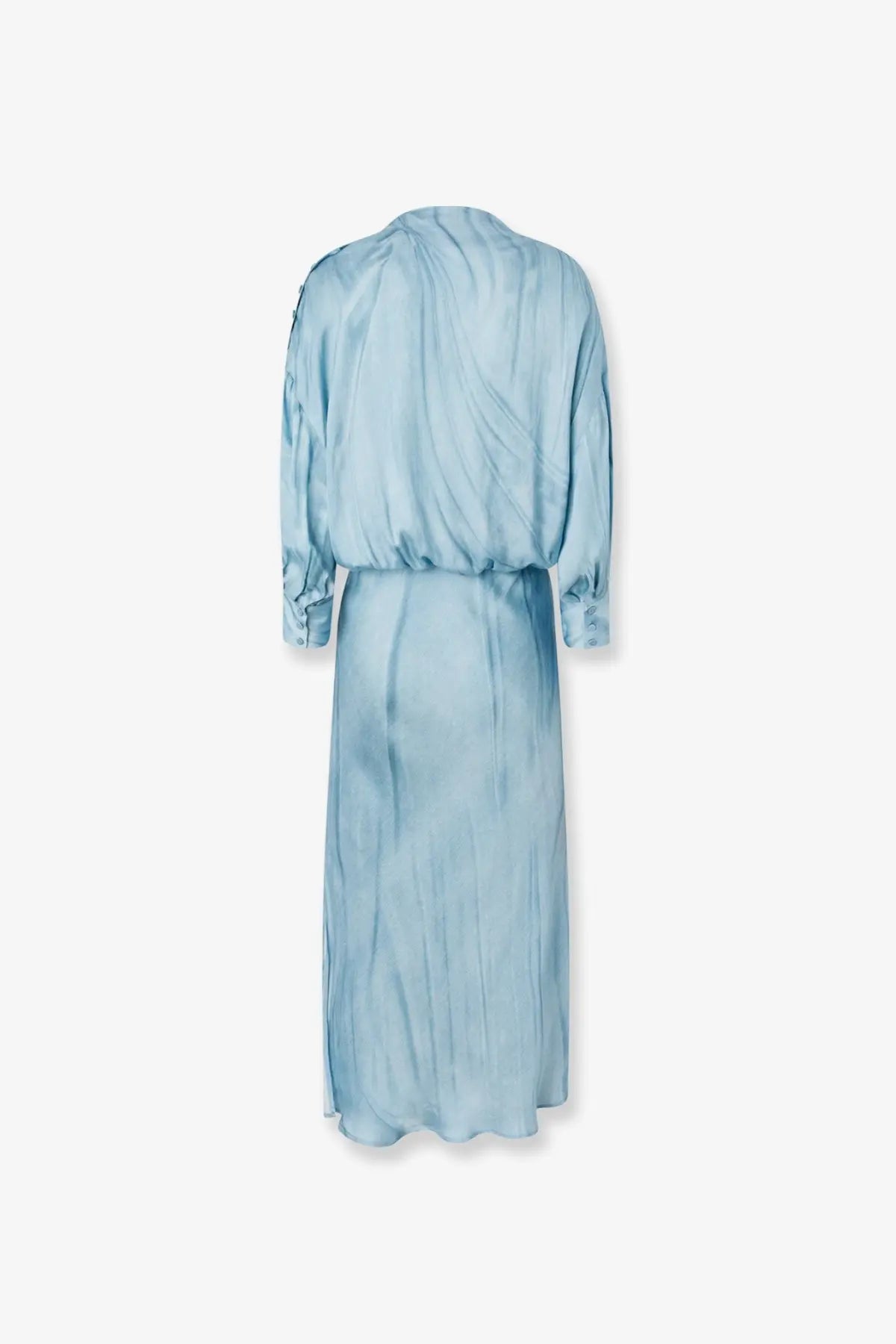 Pinko womens aislin viscose dress blue flowing light blue satin with gathered waist and long sleeves