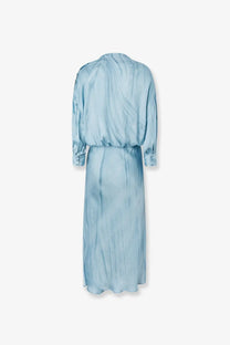 Pinko womens aislin viscose dress blue flowing light blue satin with gathered waist and long sleeves
