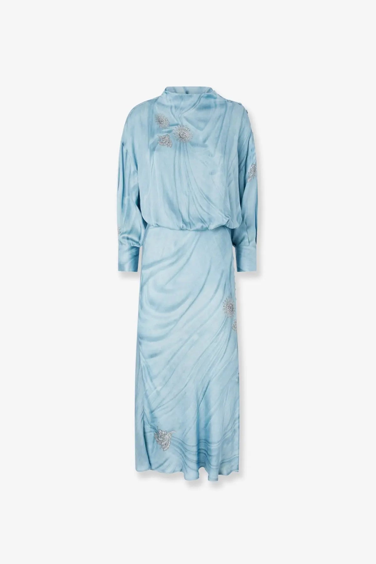 Pinko women’s aislin viscose light blue satin dress with high neckline long sleeves and floral embroidery on bodice and skirt