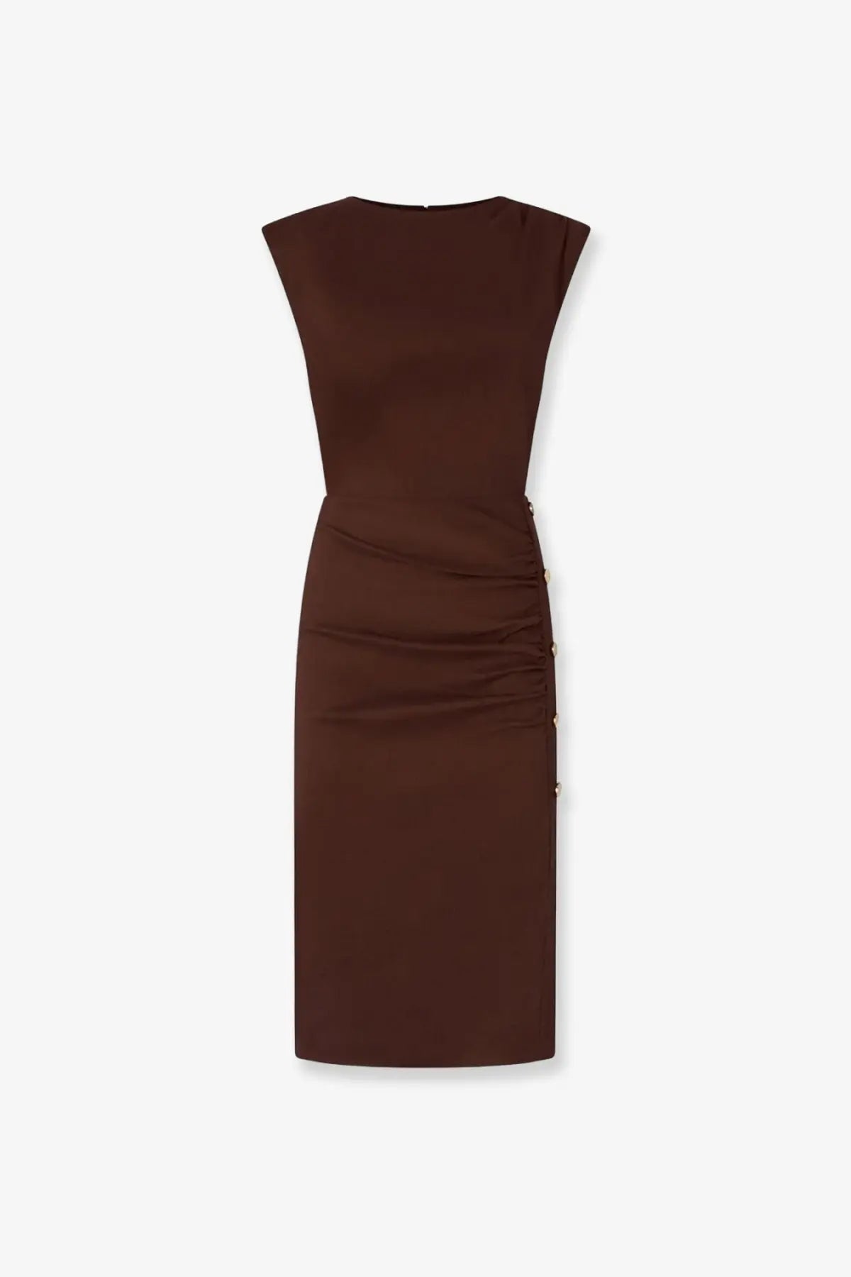 Pinko women’s Alissa sleeveless brown linen and viscose dress with fitted silhouette and subtle side ruching