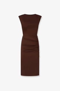 Pinko women’s Alissa sleeveless brown linen and viscose dress with fitted silhouette and subtle side ruching