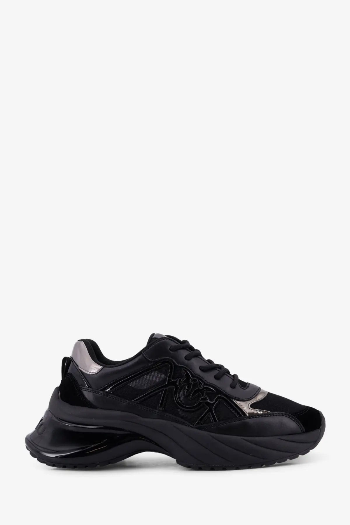 Pinko women’s Ariel black leather chunky sneaker with glossy patent leather overlays and metallic silver accents