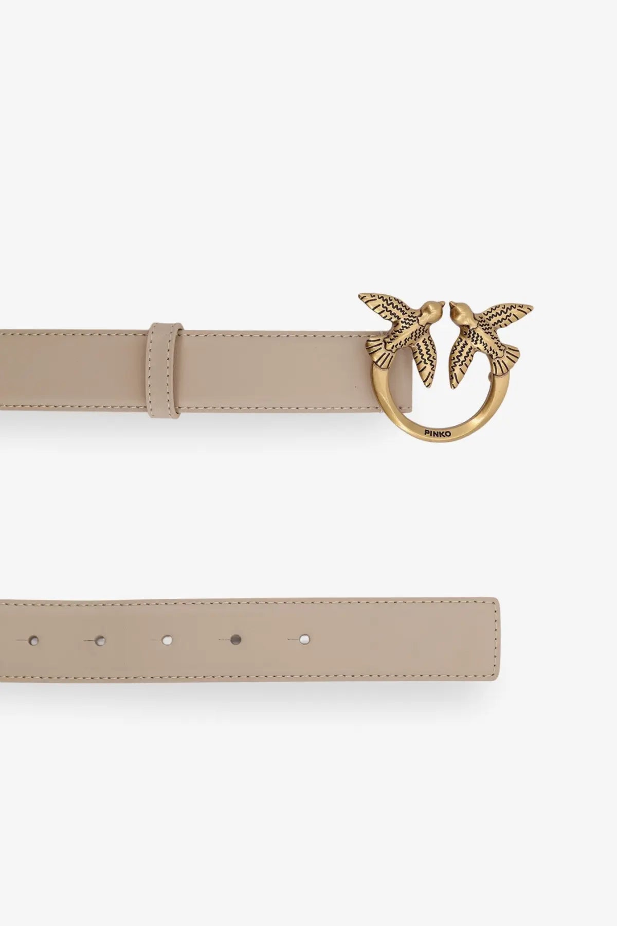 Beige leather belt for women by pinko with a gold-tone buckle featuring two interlocking bird designs