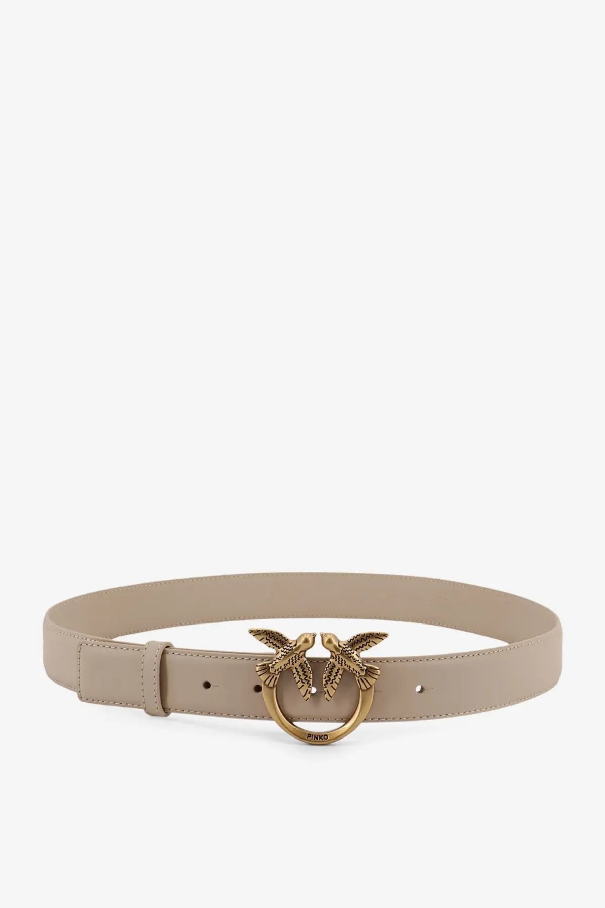 Beige leather belt by pinko for women with a gold-tone buckle featuring two interlocking bird designs