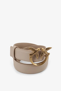 Pinko women’s berry leather belt beige with gold-tone buckle featuring two detailed birds in flight
