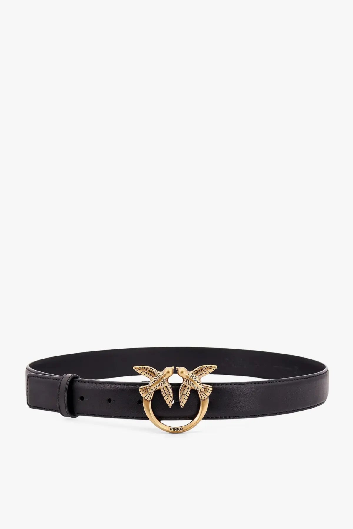 Pinko women’s berry black leather belt with gold-tone buckle featuring two interlocking birds design