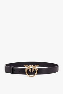 Pinko women’s berry black leather belt with gold-tone buckle featuring two interlocking birds design