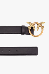 Pinko women’s berry black leather belt with gold-tone buckle featuring two detailed birds on a circular ring
