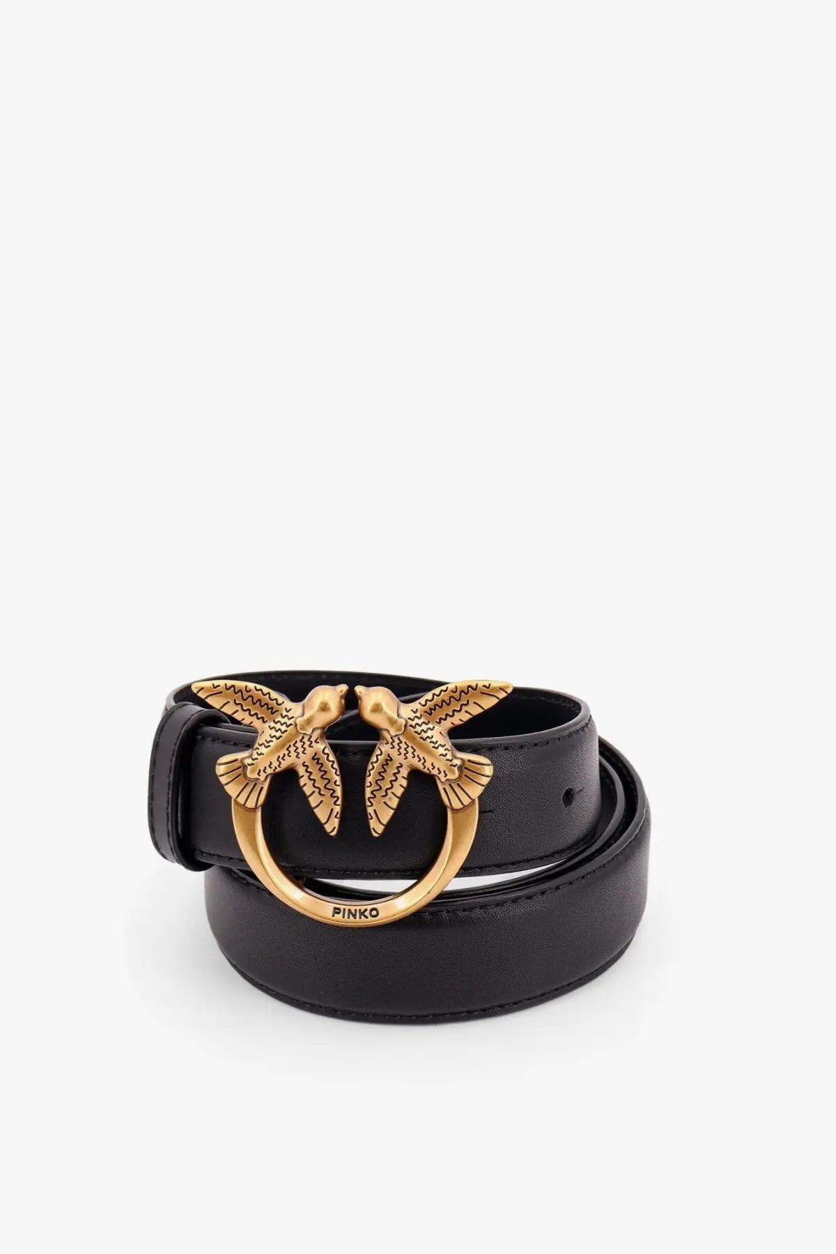 Pinko women’s berry black leather belt with gold-tone buckle featuring two detailed birds in flight