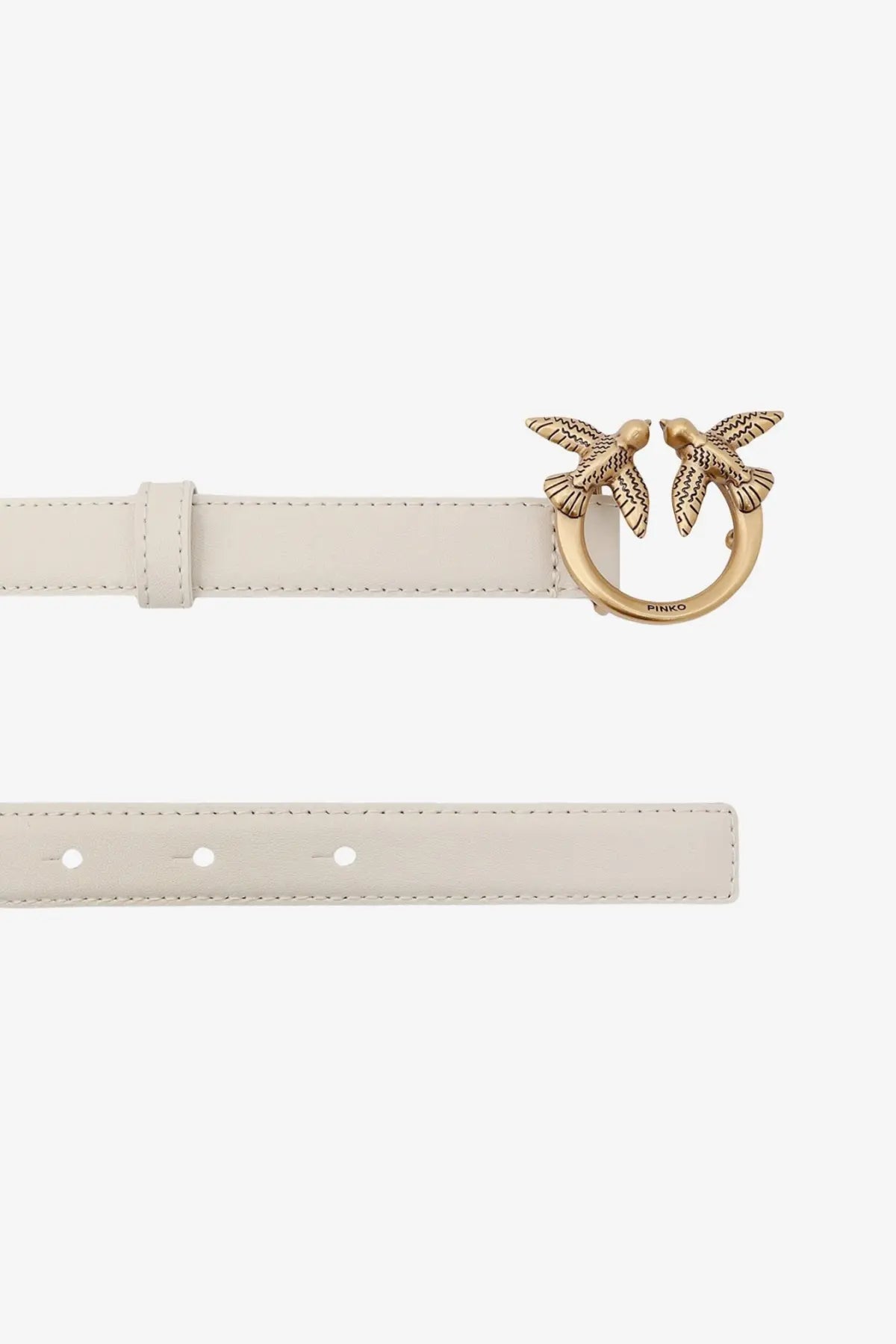 Cream-colored leather Pinko women’s berry belt with gold-tone buckle featuring two detailed bird figures