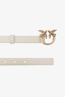 Cream-colored leather Pinko women’s berry belt with gold-tone buckle featuring two detailed bird figures