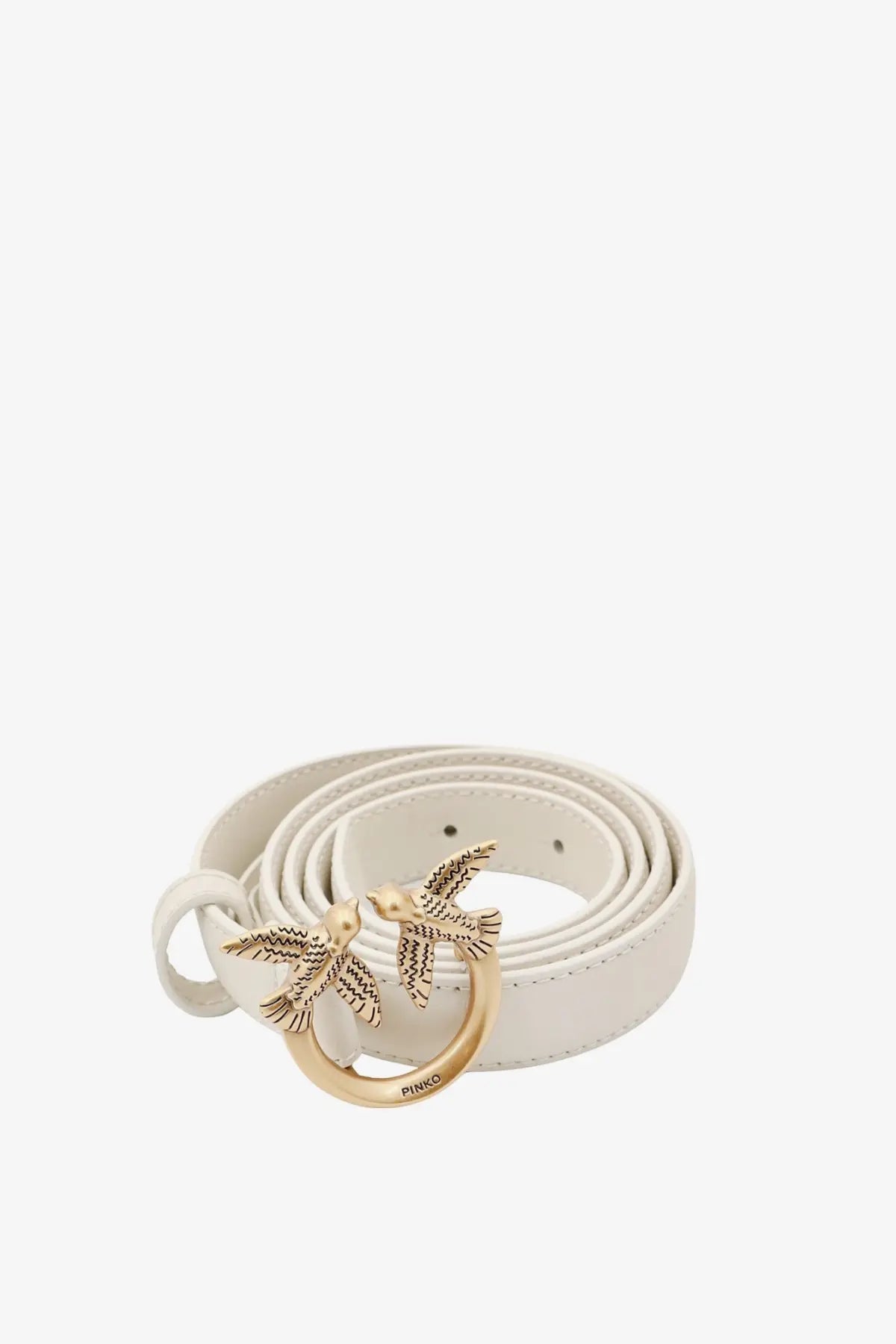 Pinko women’s white leather belt with gold-tone buckle featuring two detailed bird designs