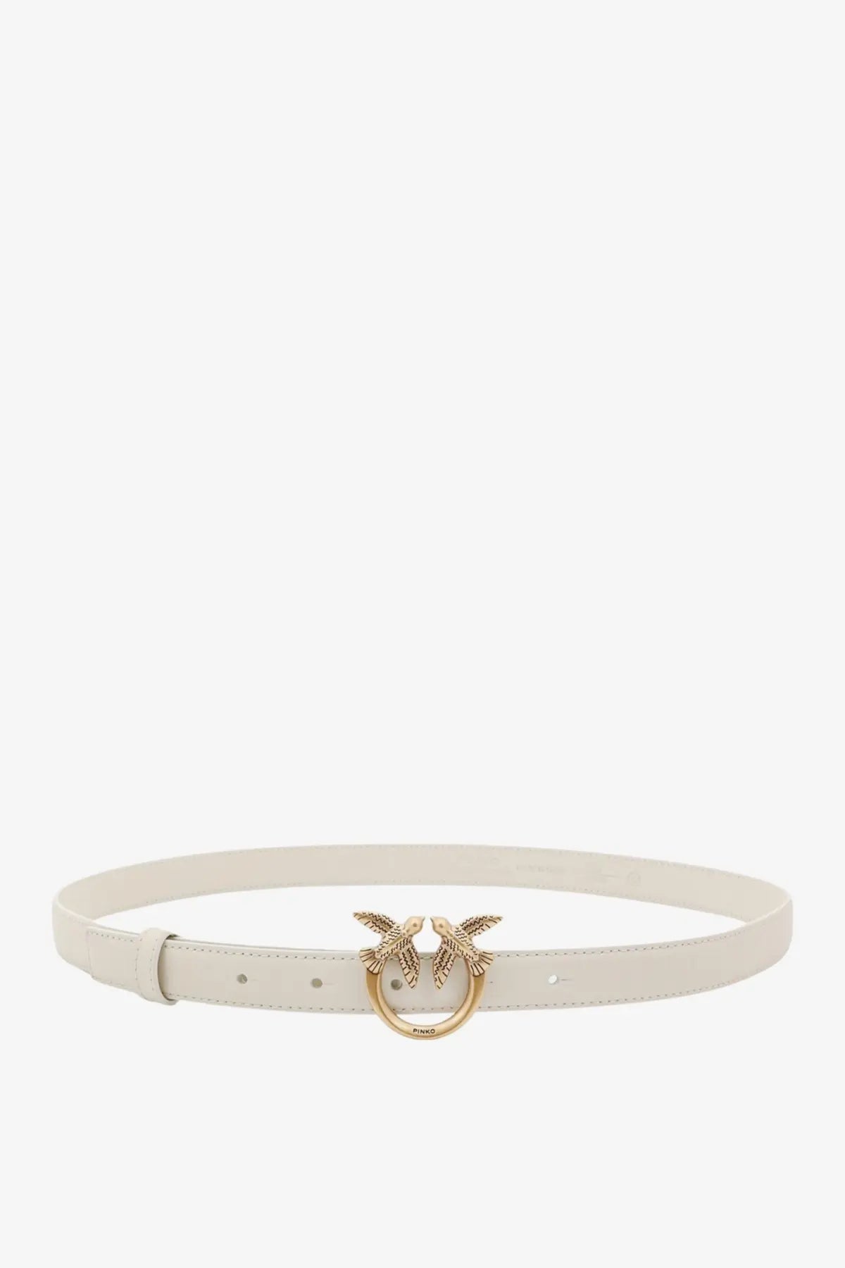Pinko women’s berry white leather belt with a sleek design and gold-toned bird-shaped buckle with feather detailing