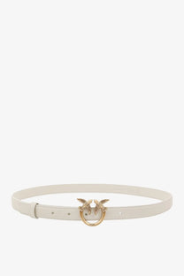 Pinko women’s berry white leather belt with a sleek design and gold-toned bird-shaped buckle with feather detailing