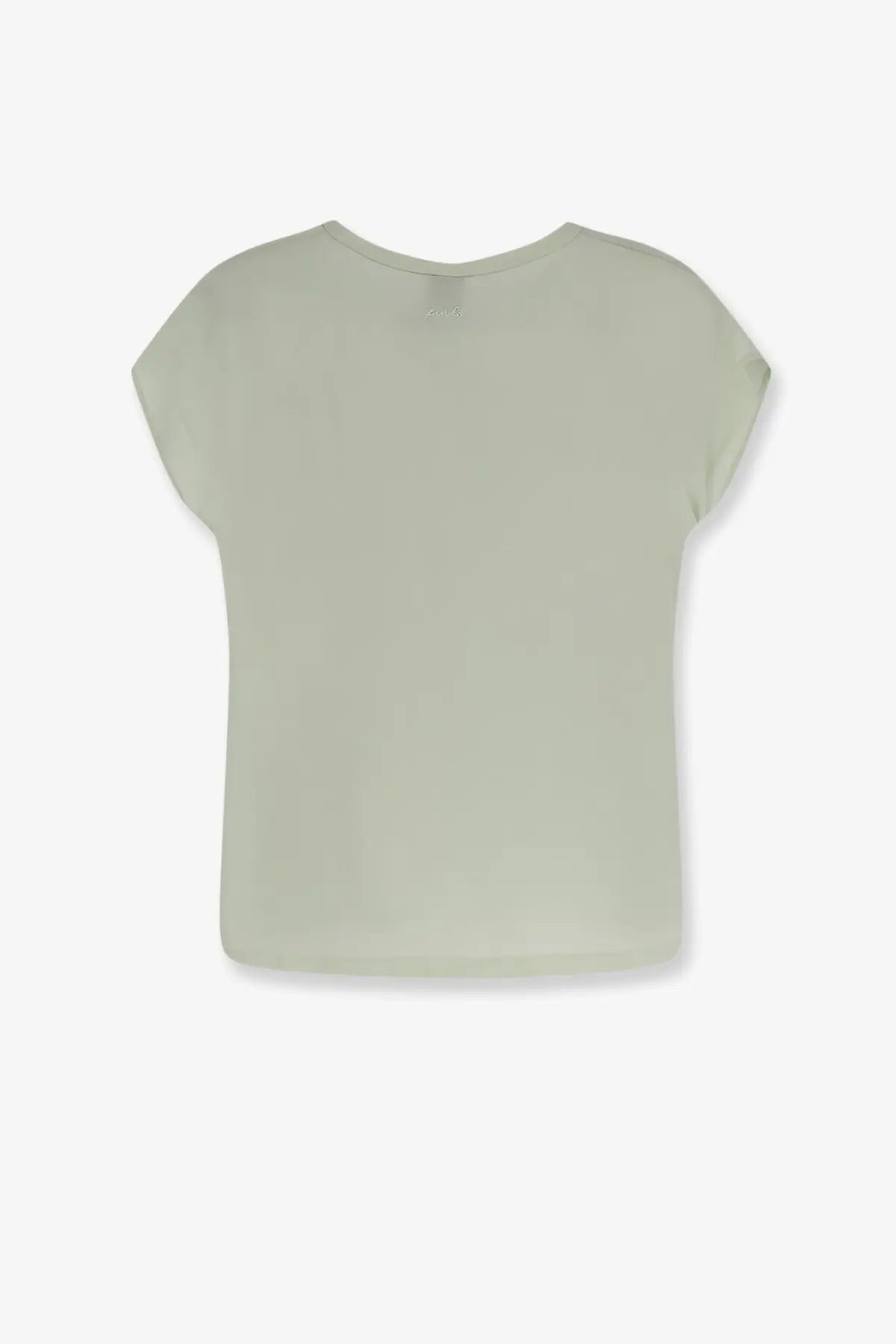 Pinko women’s blossom silk shirt in soft sage green with short sleeves, relaxed fit, and rounded neckline