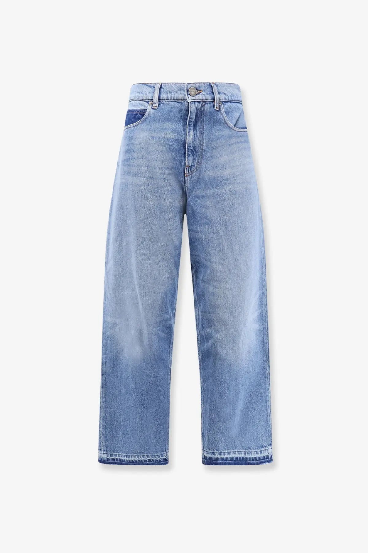Pinko women’s blue denim jeans with high-rise wide-leg cut and subtle fading for a relaxed modern look