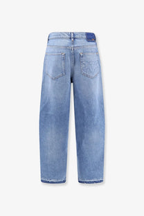 Pinko women’s blue denim jeans bronze with light-wash, relaxed wide-leg cut and subtle fading for a modern casual look