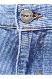 A silver circular button engraved with pinko on light blue denim fabric of pinko womens blue denim jeans bronze