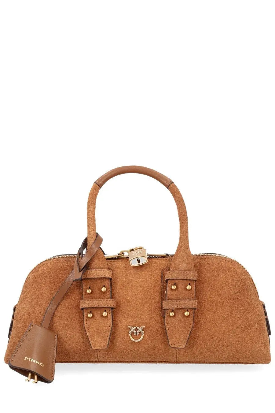 Pinko women’s borsa escape bag small beige tan suede with gold-tone hardware and heart-shaped logo