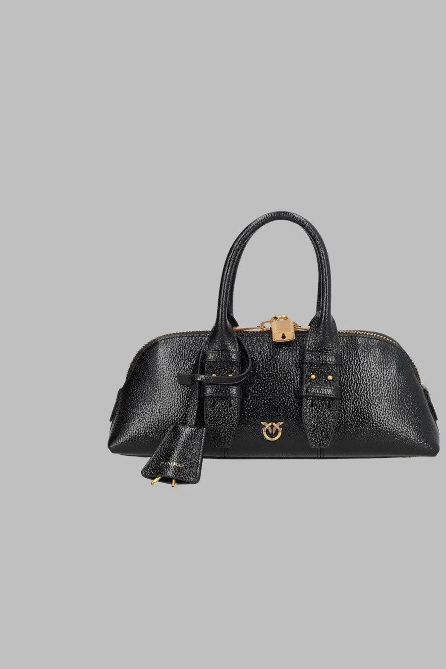 Pinko women’s borsa escape con black black pebbled leather handbag with gold-tone hardware and logo clasp