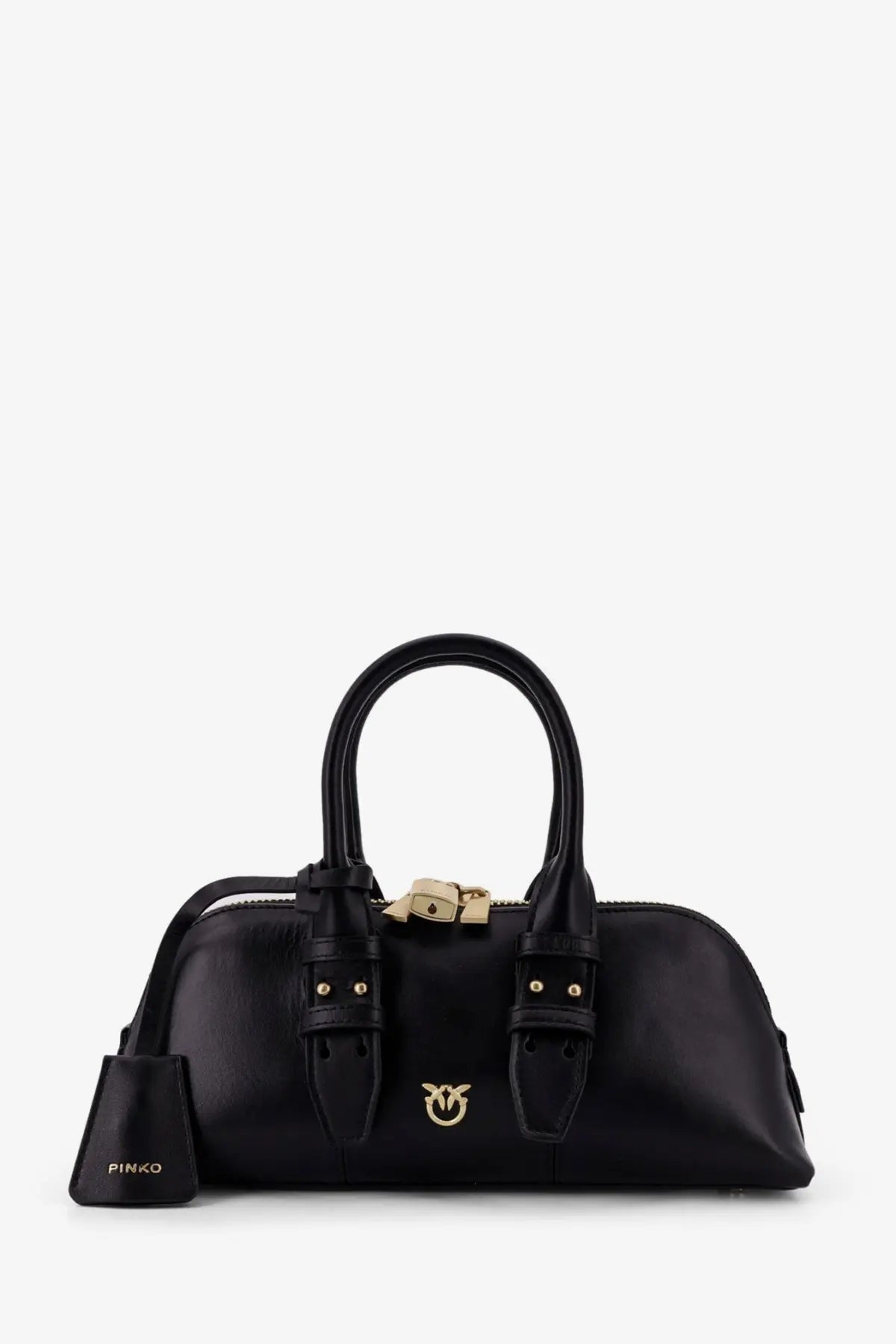 Pinko women’s bowling escape black leather handbag with gold-tone hardware and matching bell-shaped charm