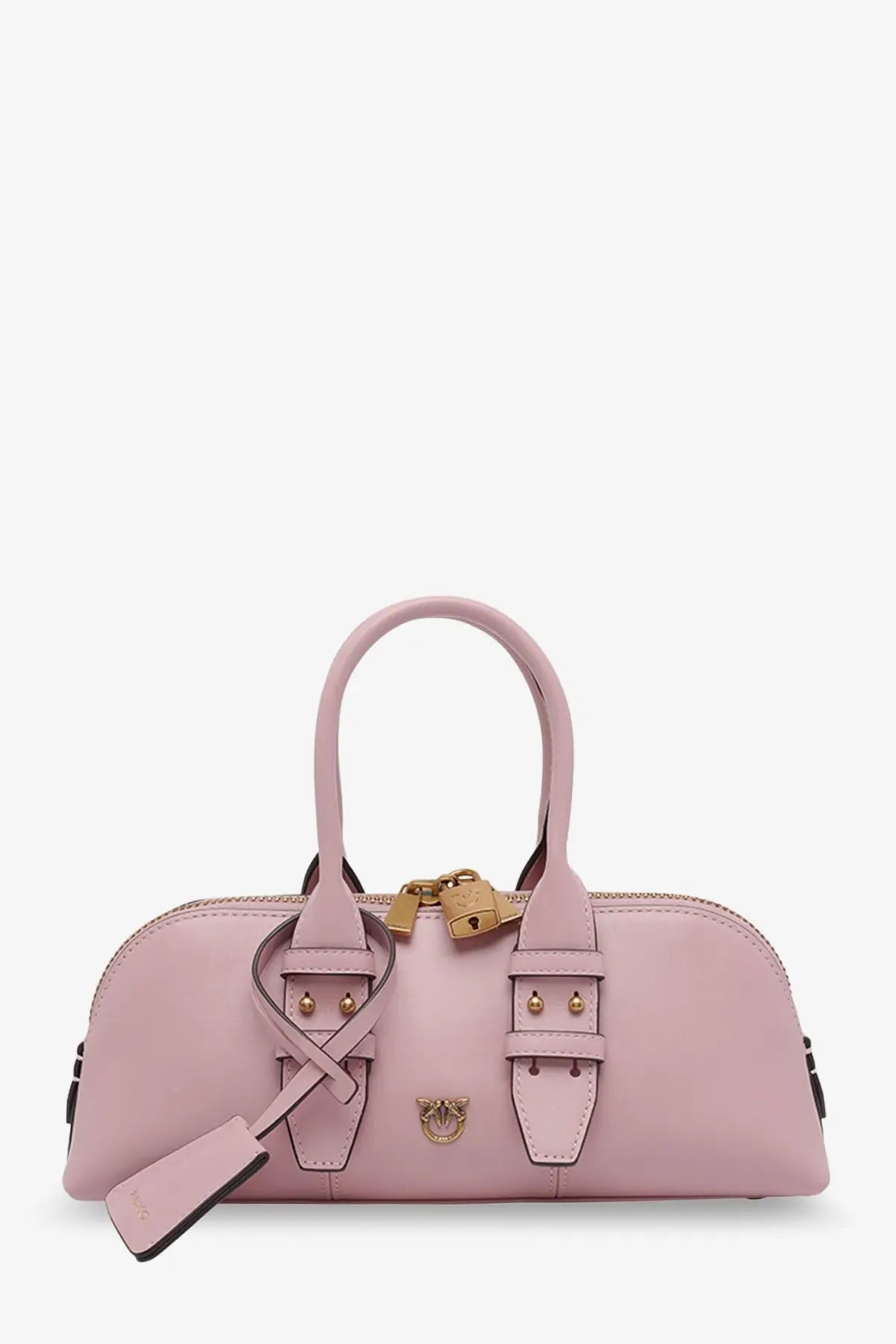 Pinko women’s bowling escape pink handbag in soft leather with gold hardware and lock and key closure