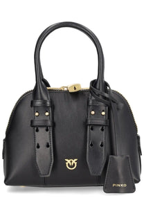 Pinko women’s bowling mini escape bag in black leather with gold-tone hardware, structured handles, and detachable strap