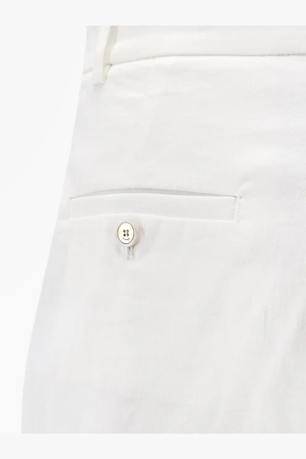 White button with a smiling face design and metallic finish on pinko womens byrana linen and viscose shorts white