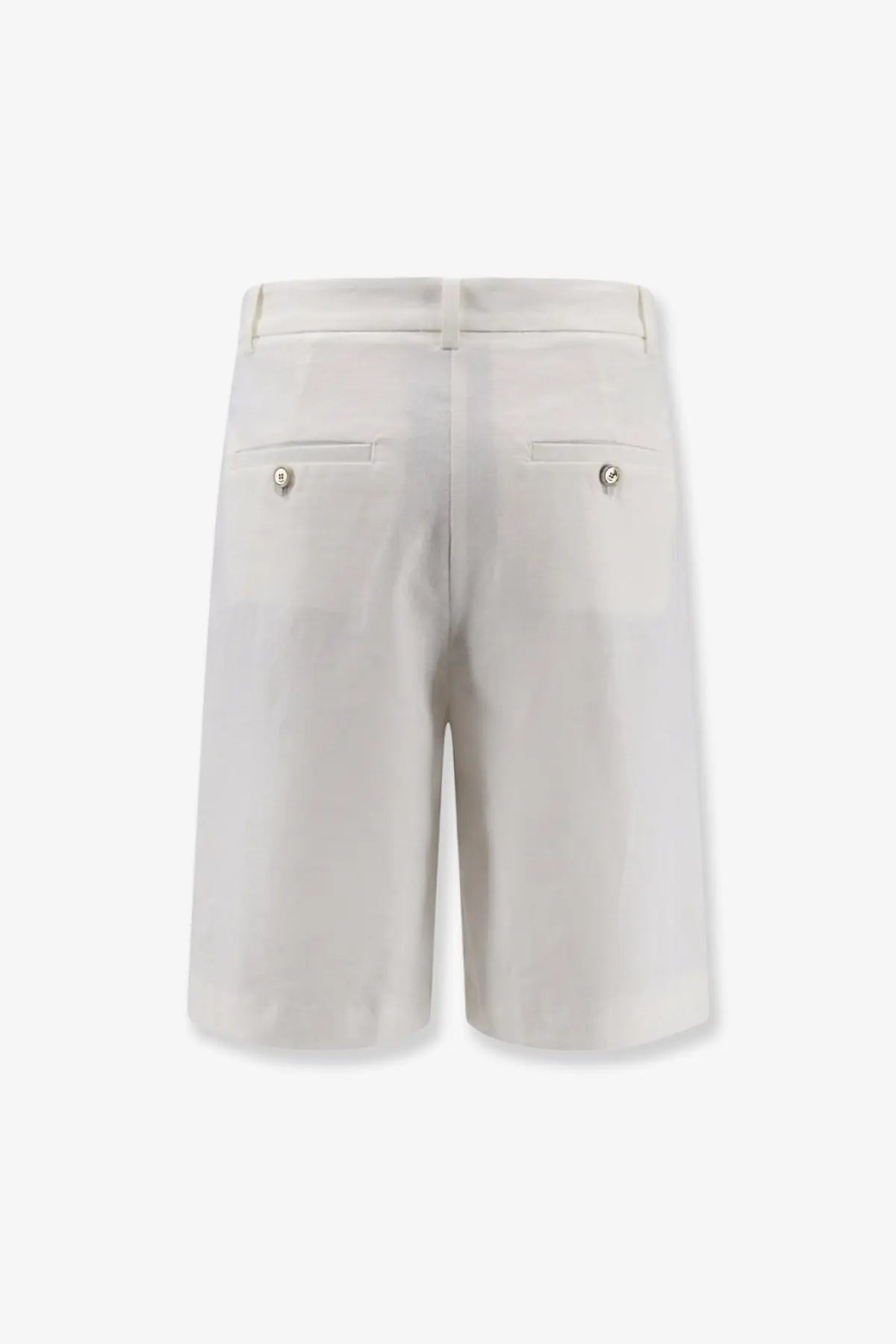 Back view of pinko women’s byrana linen and viscose cream tailored shorts with minimalist design and button accents