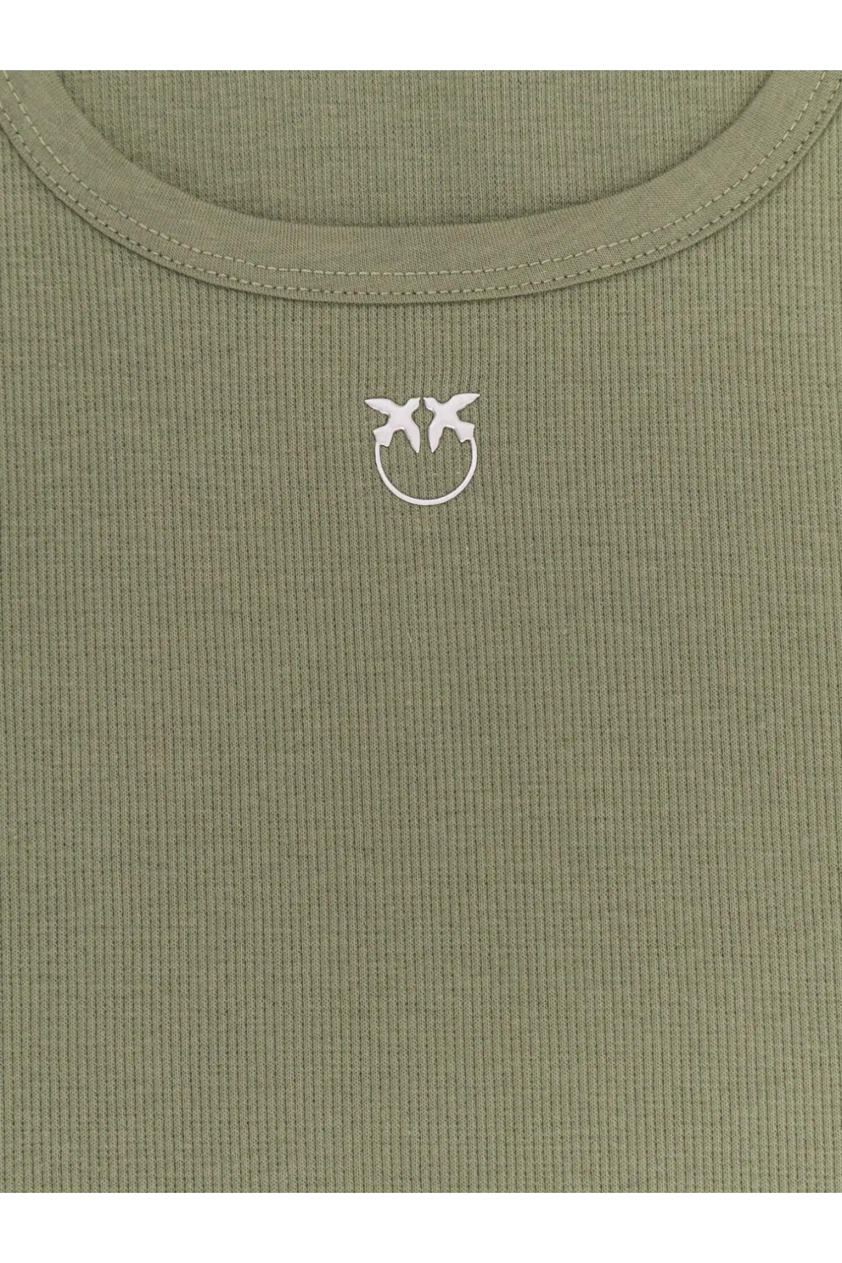 Pinko women’s calcolatore olive green ribbed cotton tank top with white embroidered two birds logo in circular frame