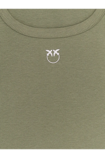Pinko women’s calcolatore olive green ribbed cotton tank top with white embroidered two birds logo in circular frame