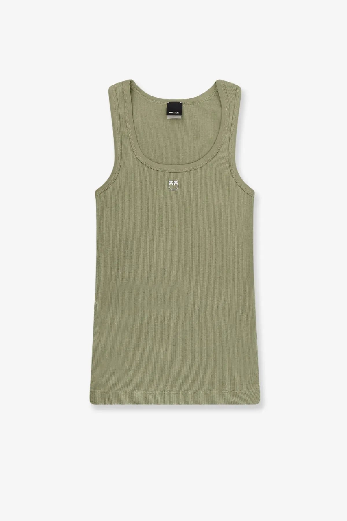 Pinko women’s calcolatore olive green ribbed cotton tank top with small white logo on the chest