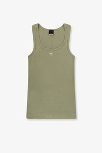 Pinko women’s calcolatore olive green ribbed cotton tank top with small white logo on the chest