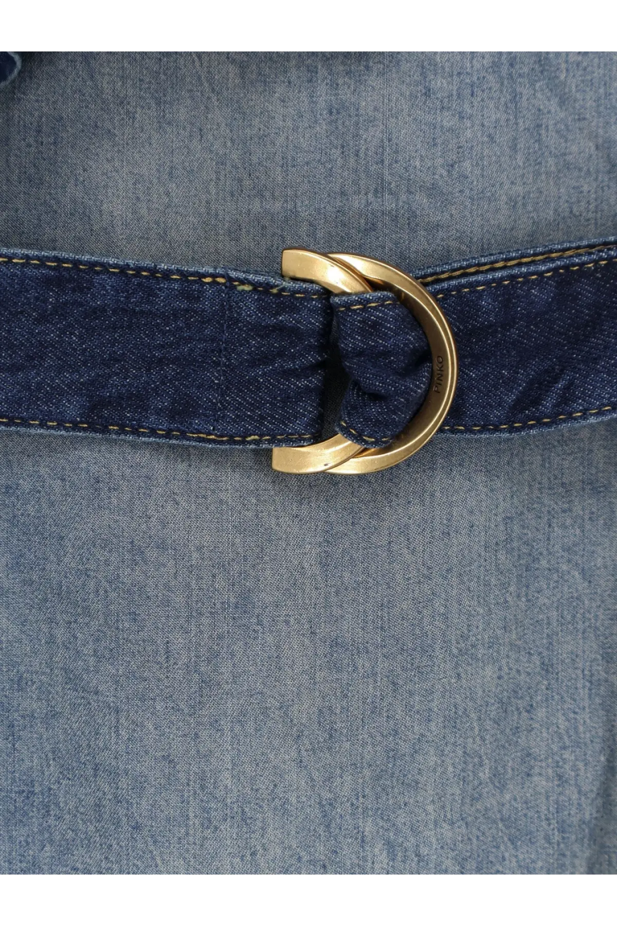 Denim belt with gold toned twisted d ring buckle on pinko womens chiarodiluna light denim jeans bronze