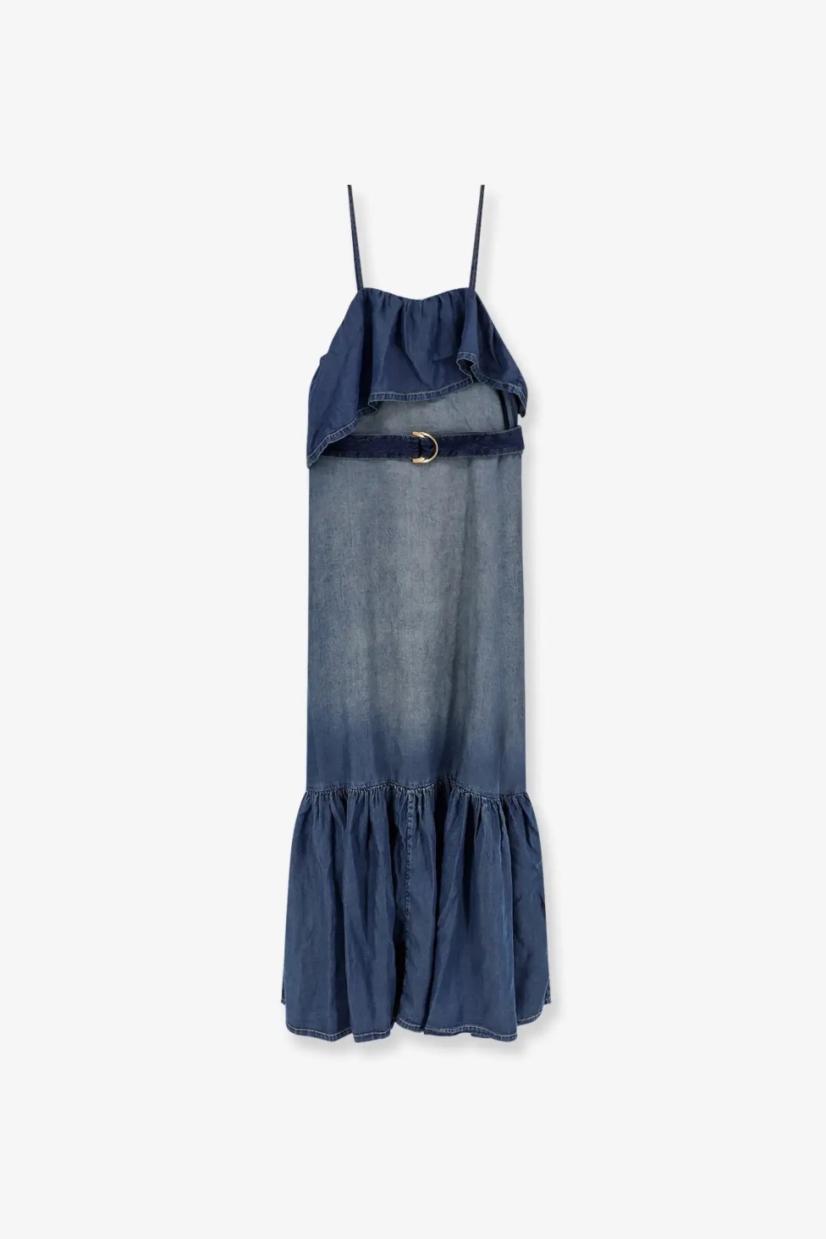 Pinko women’s chiarodiluna denim maxi dress with ruffled straps and hem in a gradient fade from dark to light blue