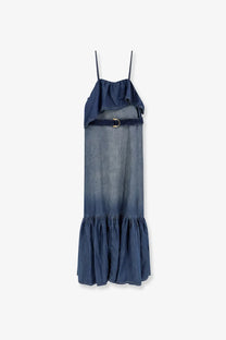 Pinko women’s chiarodiluna light denim maxi dress with ruffled straps and hem in gradient dark to light blue