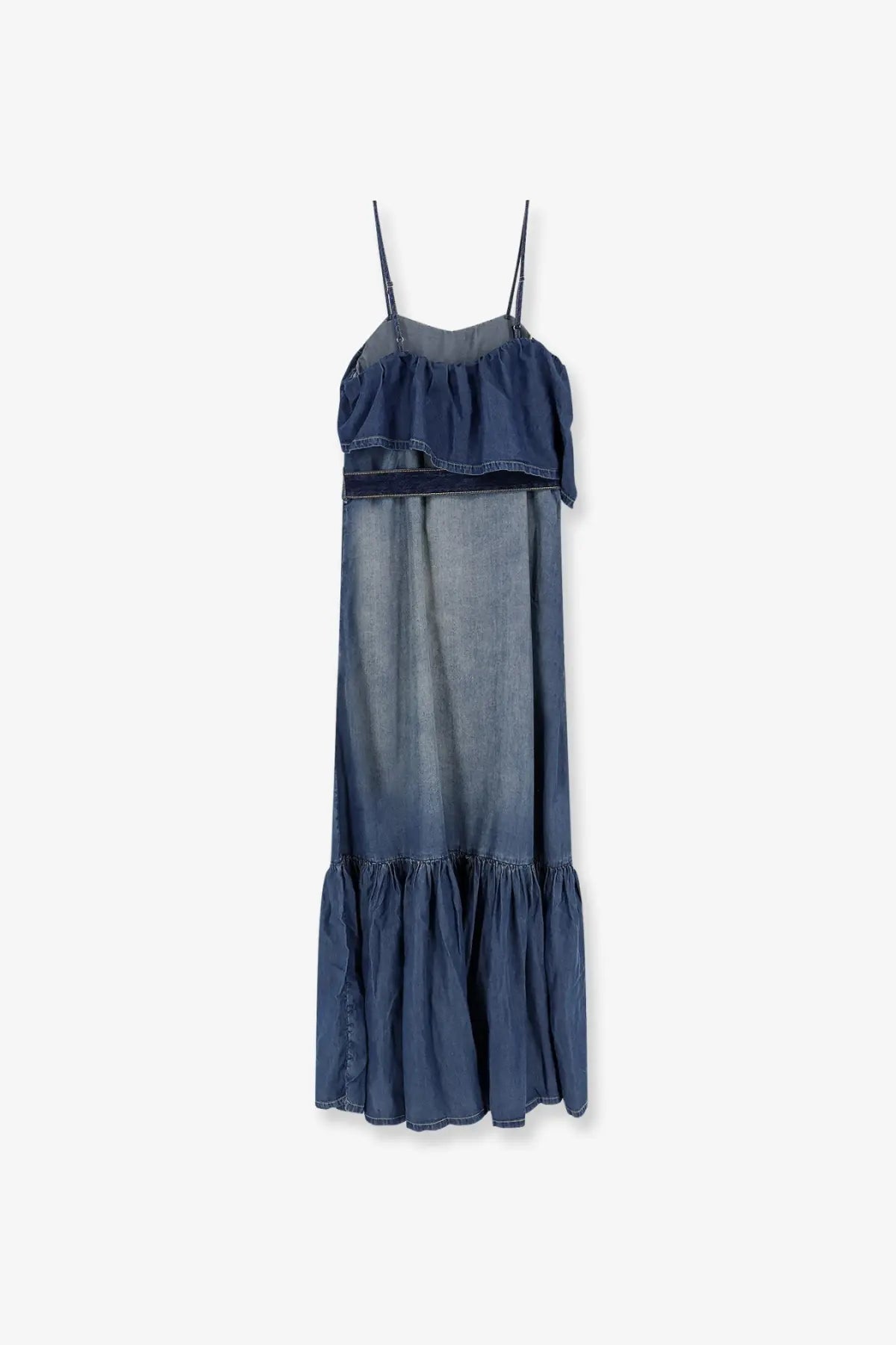 Pinko women’s chiarodiluna light denim jeans bronze featuring a faded blue denim maxi dress with ruffled bodice and tiered hem