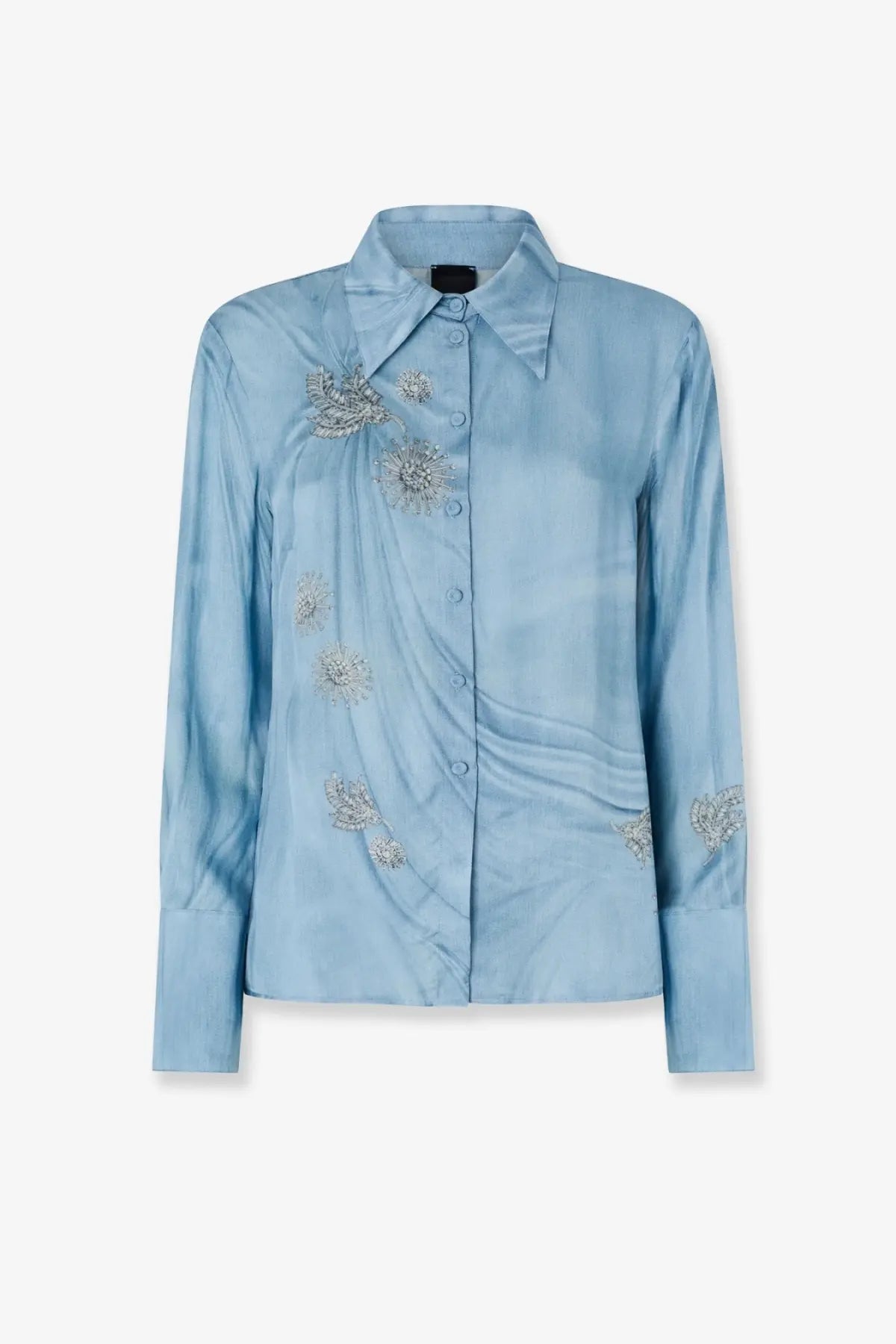Pinko women’s Christa satin shirt blue in light blue with intricate silver beaded floral embroidery on satin fabric