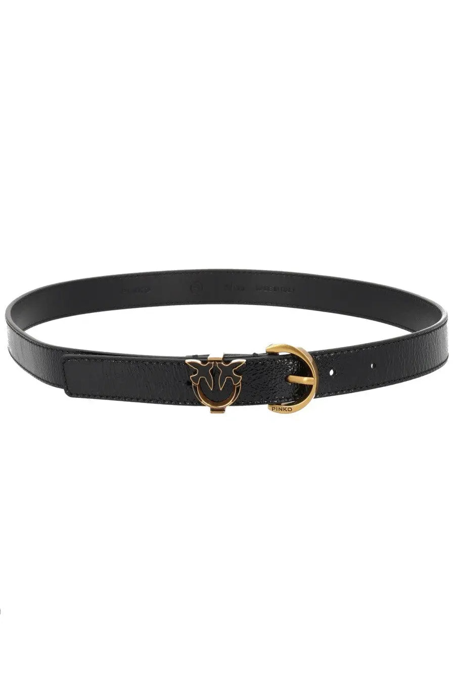 Pinko women’s cintura con black black leather belt with gold-tone buckle featuring the Pinko logo