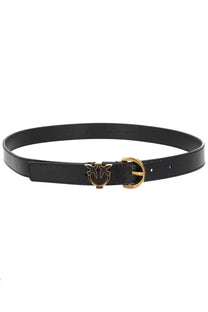 Pinko women’s cintura con black black leather belt with gold-tone buckle featuring the Pinko logo