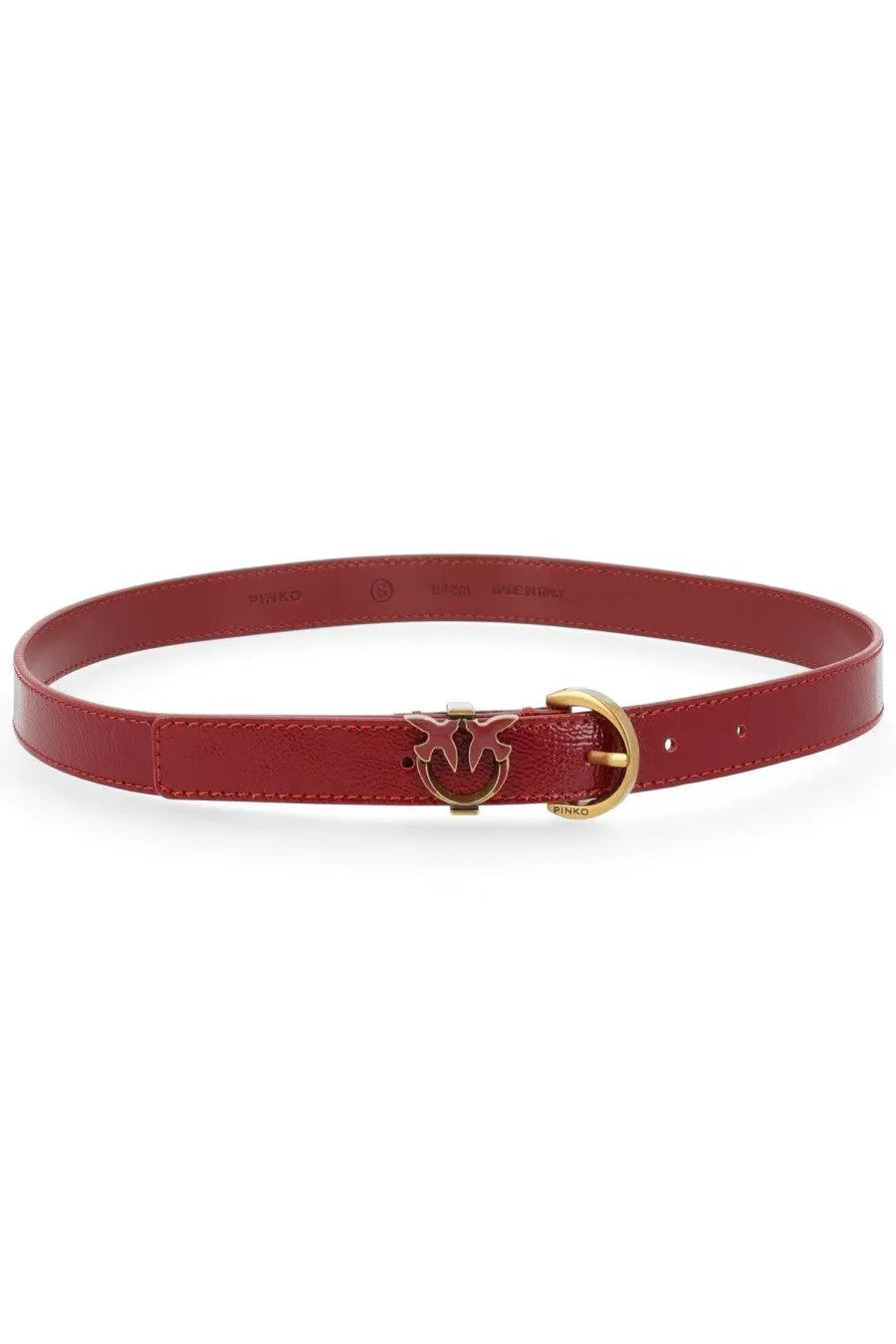 Pinko women’s cintura con red red leather belt with gold-tone buckle featuring the iconic bird logo
