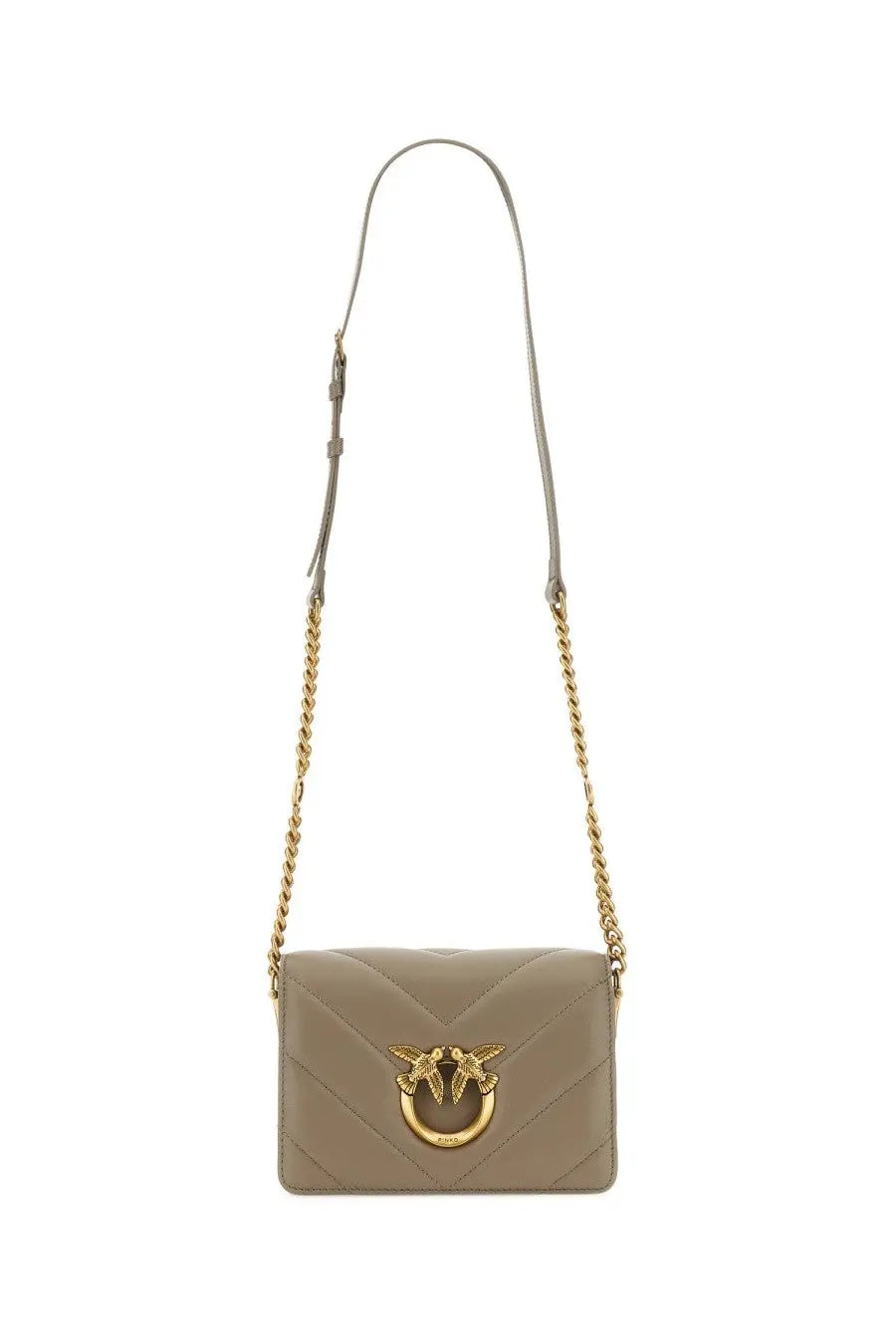 Pinko womens click mini love bag beige quilted leather crossbody with gold bird clasp and chain strap