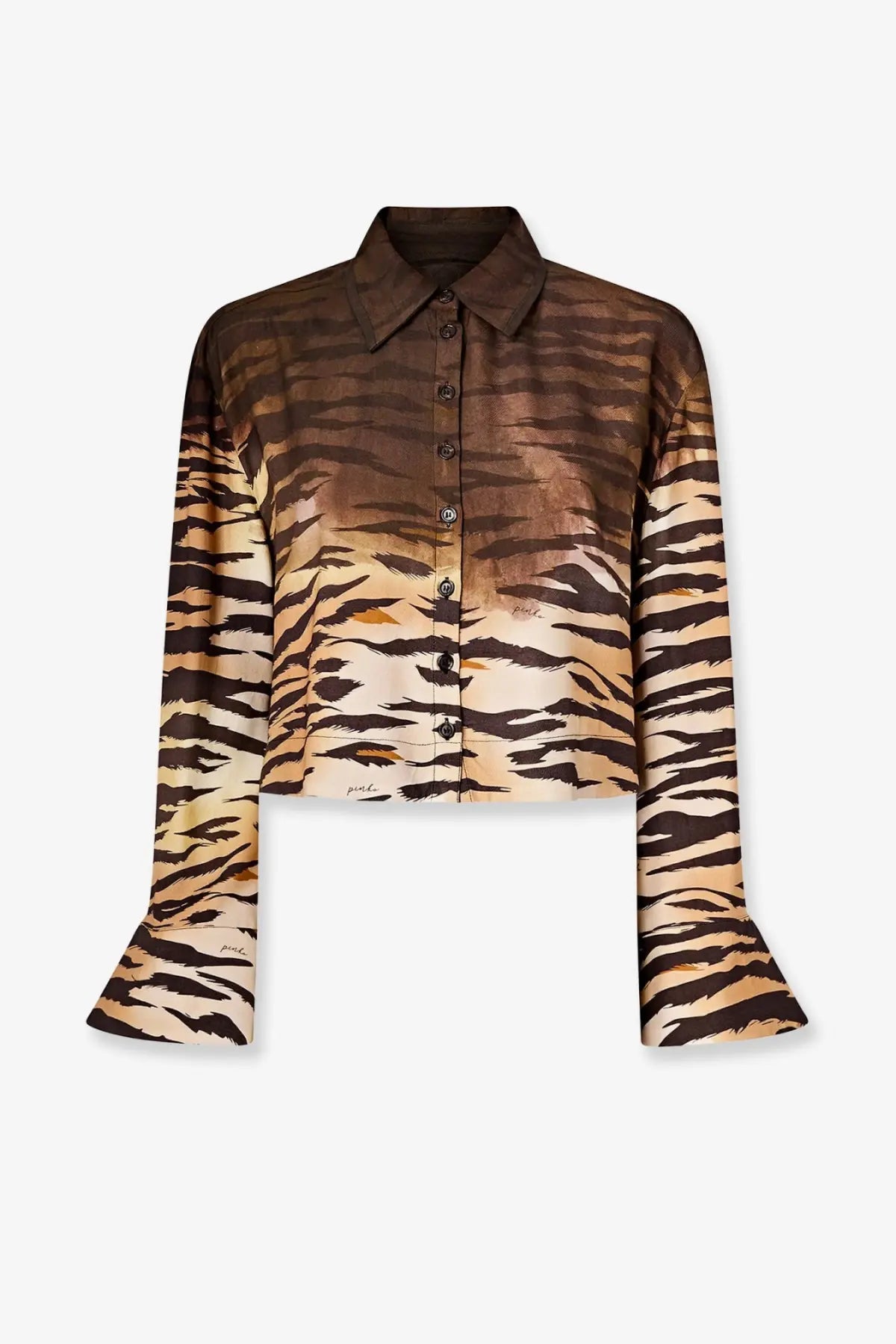 Pinko women’s Cordelia viscose shirt in gold with brown and beige tiger stripes and flared sleeves